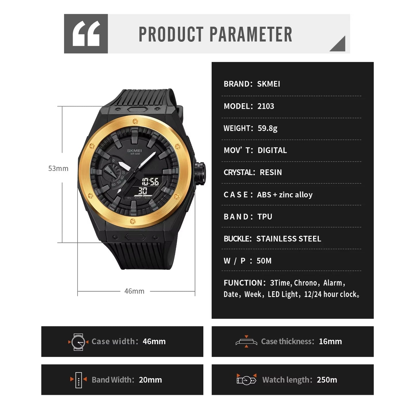 2103 New Sport Watch Men LED Digital Watch 3 Time Chrono Digital Wristwatches 50M Waterproof Alarm Clock Relogio Masculino